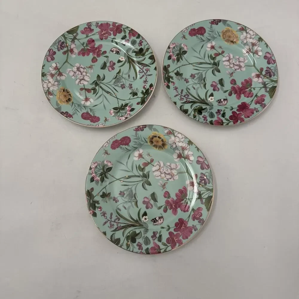 3 Grace's Teaware Salad Plates Turquoise Floral Butterflies Farmhouse